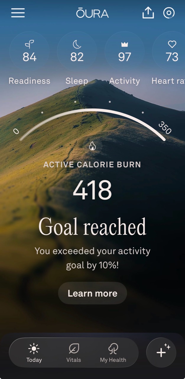 Oura app showing 418 active calories and activity goal exceeded by 10 percent